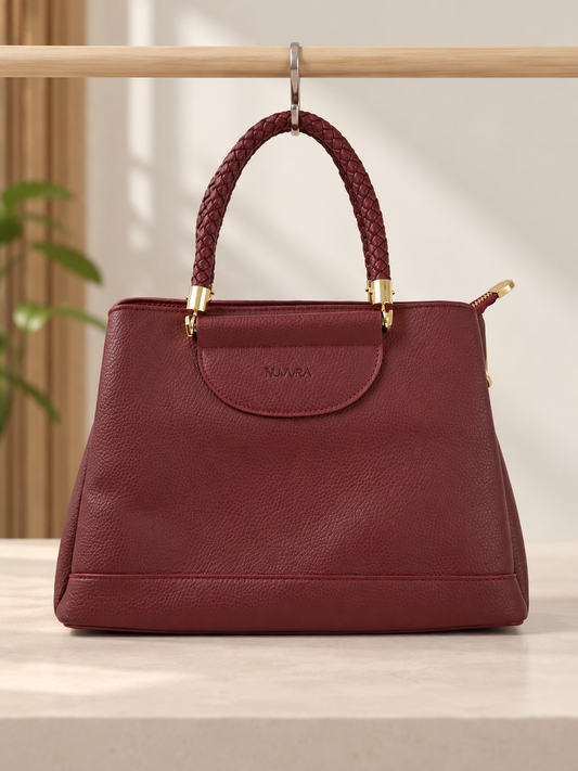 Nuvaara women's wine burgundy pebbled vegan leather satchel tote handbag featuring chunky braided dual handles with gold ferrules and debossed front flap