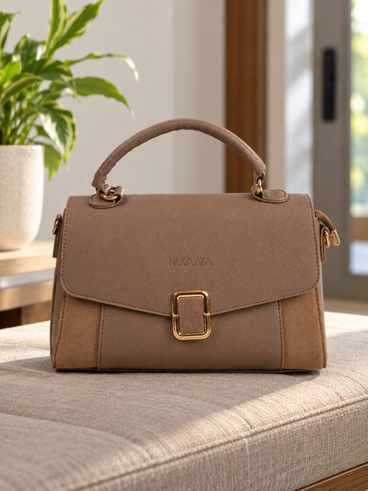 Nuvaara women's warm tan pebbled vegan leather satchel handbag with contrasting velvety faux suede side wings and rounded gold buckle lock clasp