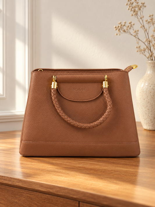 Nuvaara women's warm tan pebbled vegan leather satchel tote handbag featuring chunky braided dual handles with gold ferrules and debossed front flap