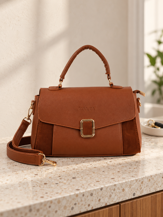 Nuvaara women's elegant taupe pebbled vegan leather satchel handbag with contrasting velvety faux suede side wings and rounded gold buckle lock clasp