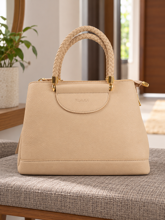 Nuvaara women's soft cream pebbled vegan leather satchel tote handbag featuring chunky braided dual handles with gold ferrules and debossed front flap