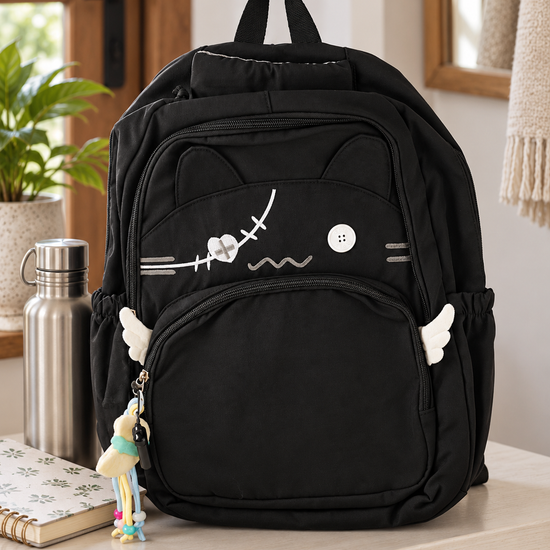 Thilakma Harajuku kawaii midnight black nylon school backpack featuring 3D cat ears, stitched patchwork cat face, plush side angel wings, and charm keychain