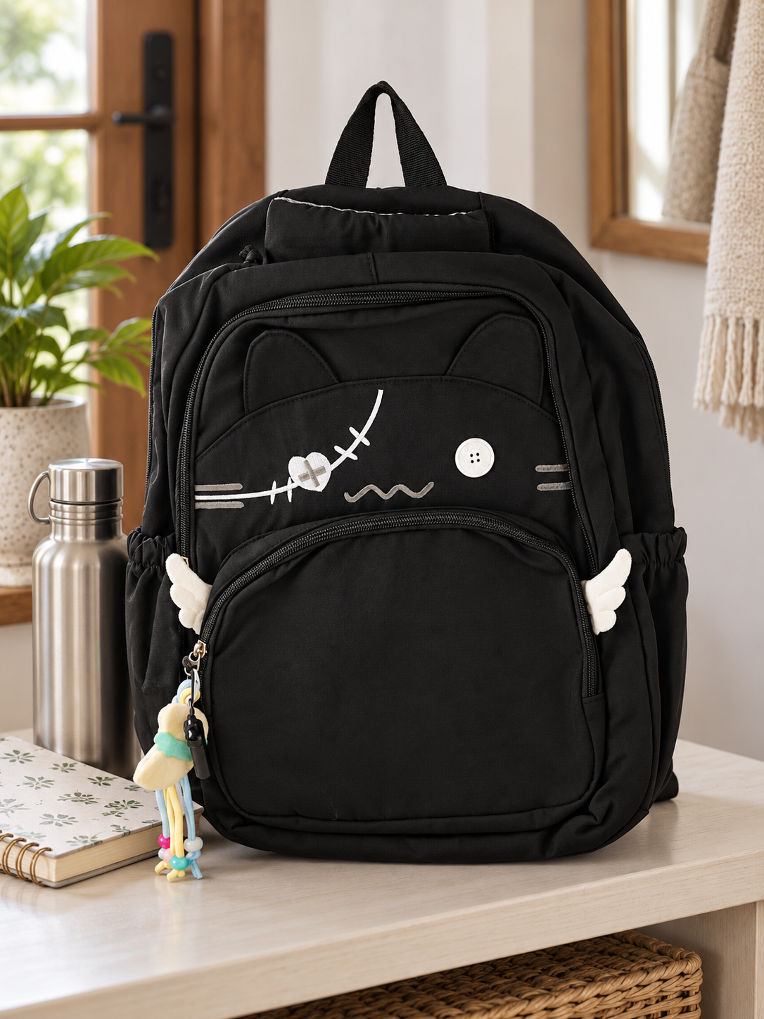 Thilakma Harajuku kawaii midnight black nylon school backpack featuring 3D cat ears, stitched patchwork cat face, plush side angel wings, and charm keychain