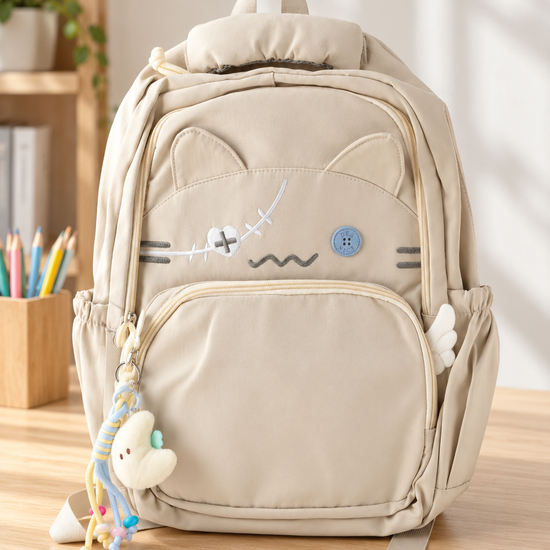 Thilakma Harajuku kawaii almond beige nylon school backpack featuring 3D cat ears, stitched patchwork cat face, plush side angel wings, and charm keychain