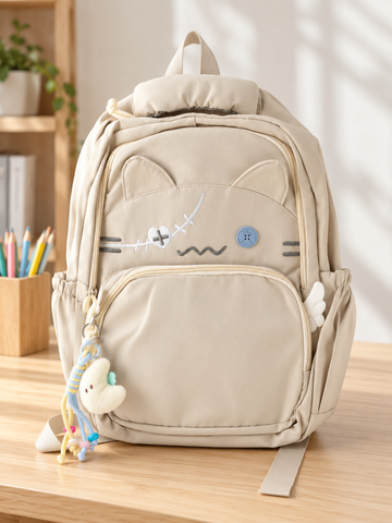 Thilakma Harajuku kawaii almond beige nylon school backpack featuring 3D cat ears, stitched patchwork cat face, plush side angel wings, and charm keychain