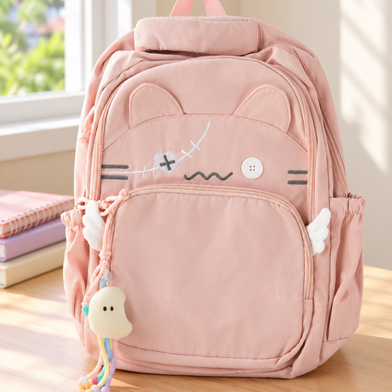 Thilakma Harajuku kawaii pastel blossom pink nylon school backpack featuring 3D cat ears, stitched patchwork cat face, plush side angel wings, and charm keychain