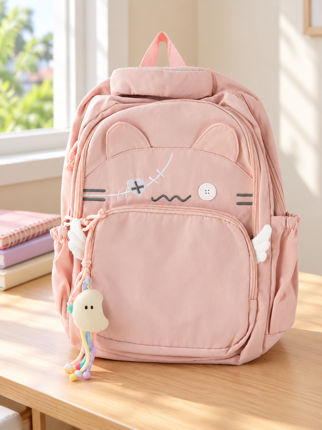 Thilakma Harajuku kawaii pastel blossom pink nylon school backpack featuring 3D cat ears, stitched patchwork cat face, plush side angel wings, and charm keychain