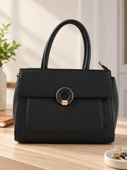 Nuvaara women's midnight black structured satchel handbag featuring an embossed snakeskin front panel, gold ring buckle clasp, and tall rolled top handles