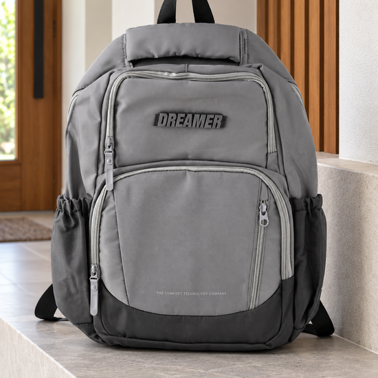 Dreamer multi-pocket ergonomic slate grey water-resistant laptop school backpack with 3D rubber logo badge and padded shoulder straps