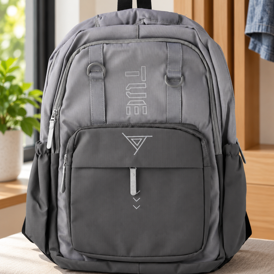 Thilakma cyberpunk techwear dual grey laptop school backpack featuring futuristic TUE geometric logos, tactical D-ring webbing straps, and multi-pocket layout