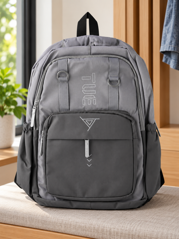 Thilakma cyberpunk techwear dual grey laptop school backpack featuring futuristic TUE geometric logos, tactical D-ring webbing straps, and multi-pocket layout