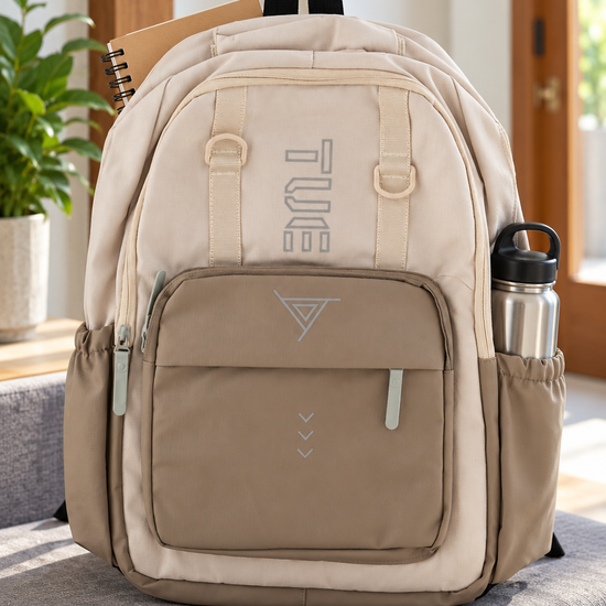 Thilakma cyberpunk techwear cream and tan laptop school backpack featuring futuristic TUE geometric logos, tactical D-ring webbing straps, and multi-pocket layout