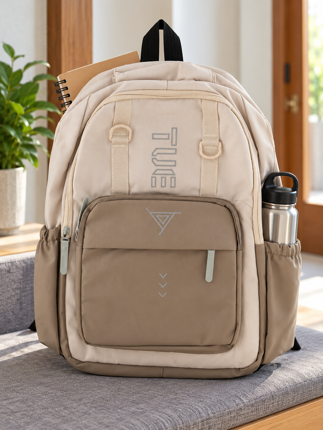 Thilakma cyberpunk techwear cream and tan laptop school backpack featuring futuristic TUE geometric logos, tactical D-ring webbing straps, and multi-pocket layout