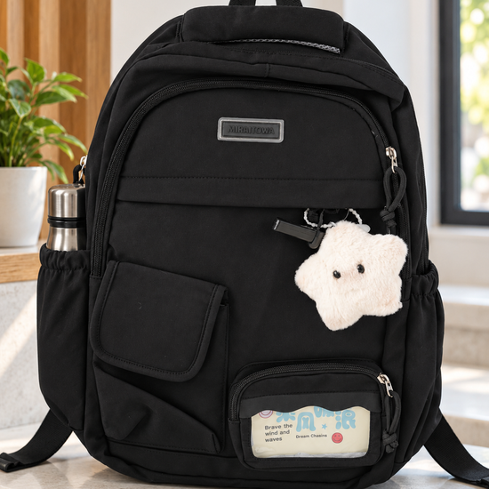 Thilakma Miraitowa kawaii multi-pocket jet black school backpack with plush smiling star charm and clear window pouch with inspirational quote
