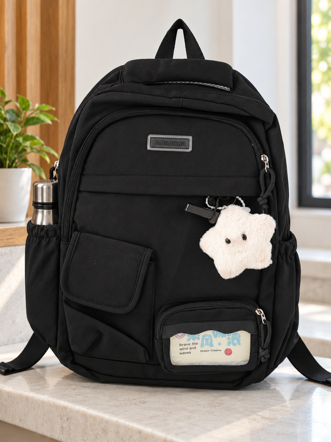 Thilakma Miraitowa kawaii multi-pocket jet black school backpack with plush smiling star charm and clear window pouch with inspirational quote