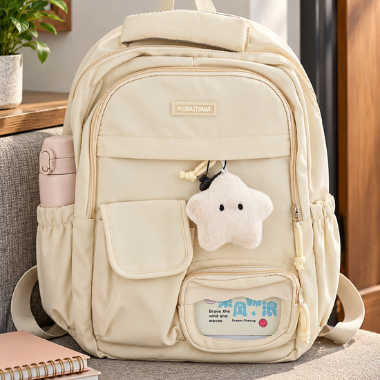 Thilakma Miraitowa kawaii multi-pocket cream ivory school backpack with plush smiling star charm and clear window pouch with inspirational quote
