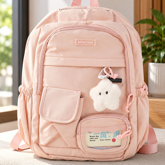 Thilakma Miraitowa kawaii multi-pocket blush pink school backpack with plush smiling star charm and clear window pouch with inspirational quote