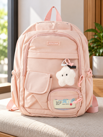 Thilakma Miraitowa kawaii multi-pocket blush pink school backpack with plush smiling star charm and clear window pouch with inspirational quote