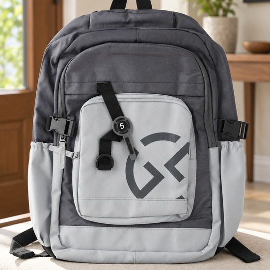 Thilakma BNT Design techwear multi-pocket ice grey and dark charcoal laptop backpack with geometric graphic logo and circular 5 badge quick-release strap