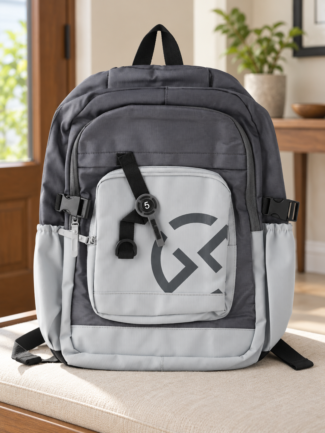 Thilakma BNT Design techwear multi-pocket ice grey and dark charcoal laptop backpack with geometric graphic logo and circular 5 badge quick-release strap