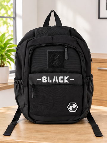 Thilakma urban graphic multi-pocket jet black school backpack with lightning bolt circular patch, bold stencil BLACK lettering, and hexagonal badge