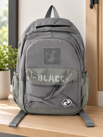 Thilakma urban graphic multi-pocket slate grey and olive school backpack with lightning bolt patch, stencil BLACK lettering, and hexagonal badge