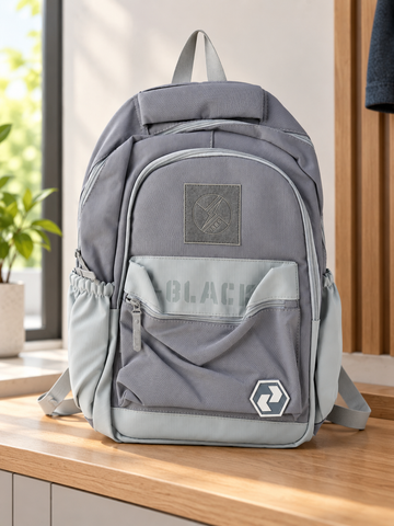 Thilakma urban graphic multi-pocket ash grey and mist blue school backpack with lightning bolt patch, stencil BLACK lettering, and hexagonal badge