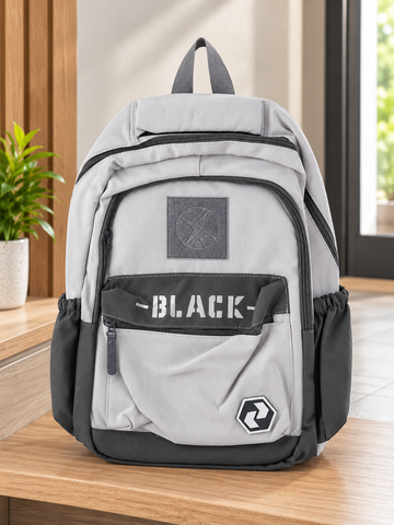 Modern multi-compartment grey and charcoal school backpack with BLACK stencil strap and lightning bolt emblem
