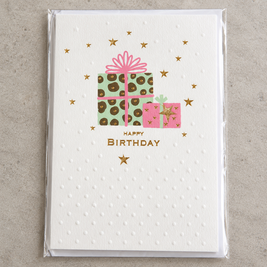 Embossed Happy Birthday greeting card with leopard print gift box illustration and gold foil stars