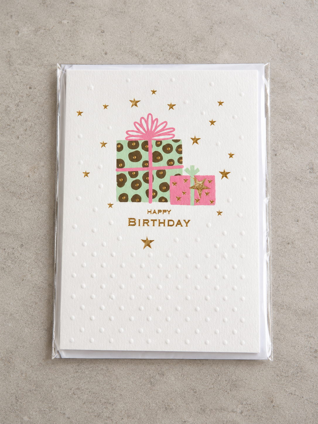 Embossed Happy Birthday greeting card with leopard print gift box illustration and gold foil stars