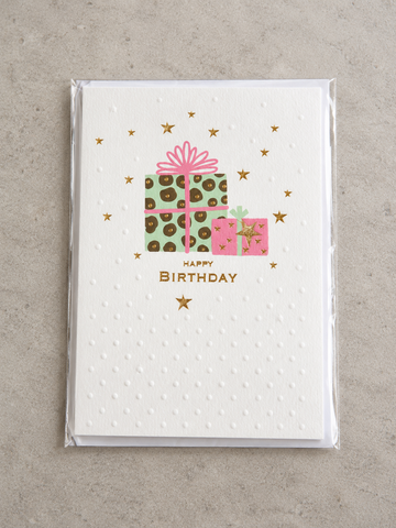 Embossed Happy Birthday greeting card with leopard print gift box illustration and gold foil stars