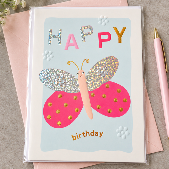 Kids Happy Birthday greeting card featuring a cute butterfly with holographic glitter wings and pink envelope
