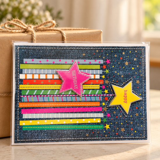 Denim textured birthday greeting card with stitched border, striped candle ribbons, and 3D stars