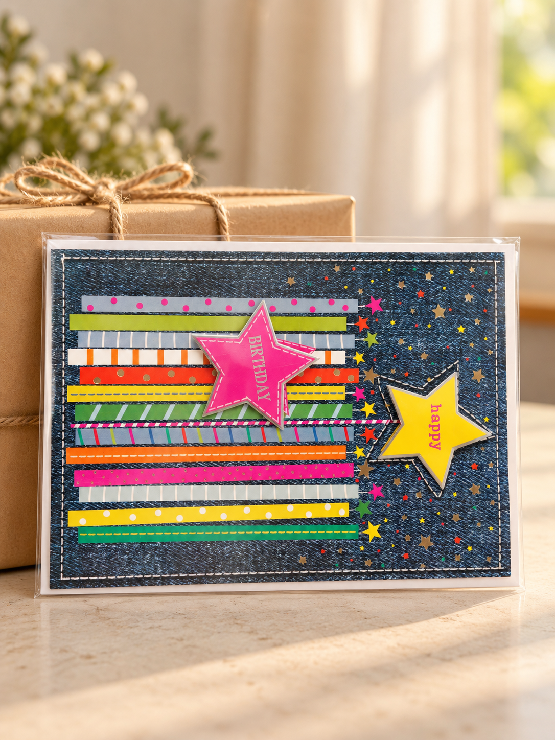 Denim textured birthday greeting card with stitched border, striped candle ribbons, and 3D stars