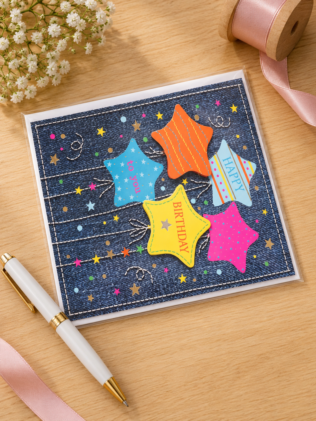 Square denim themed birthday card with stitched border and five colorful star balloons