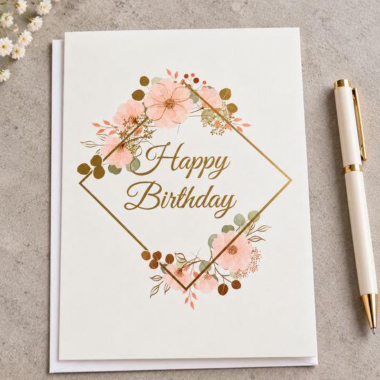 Chic birthday greeting card with gold geometric diamond frame, blush floral sprays, and gold script