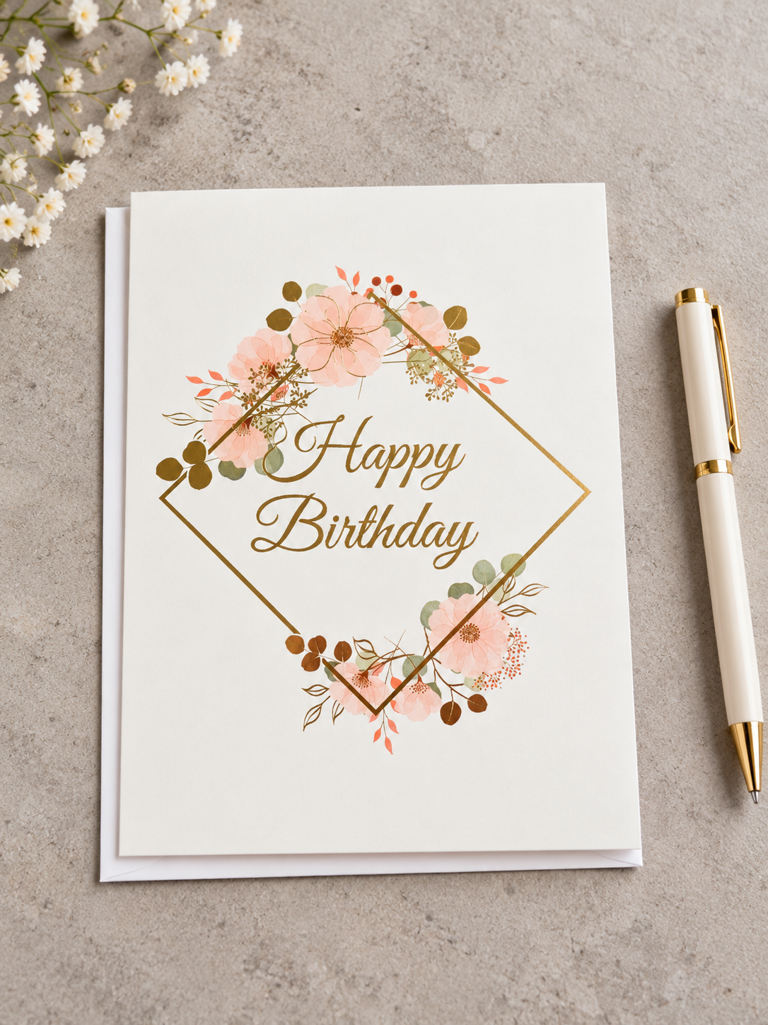 Chic birthday greeting card with gold geometric diamond frame, blush floral sprays, and gold script