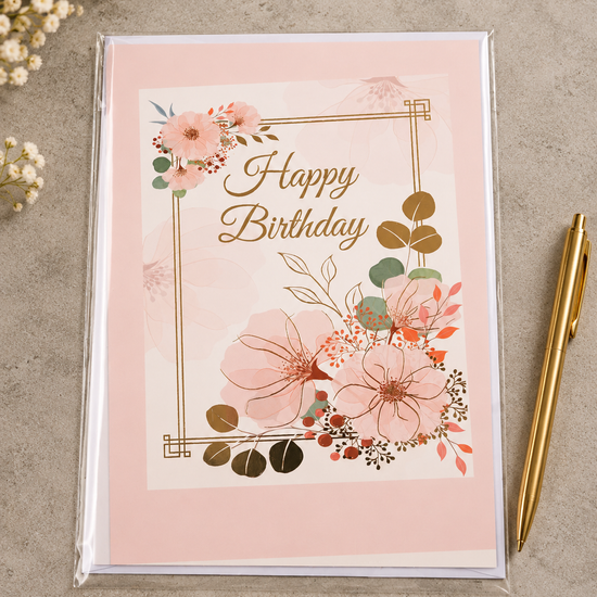 Pastel pink bordered birthday greeting card with gold fretwork frame and watercolor floral cluster