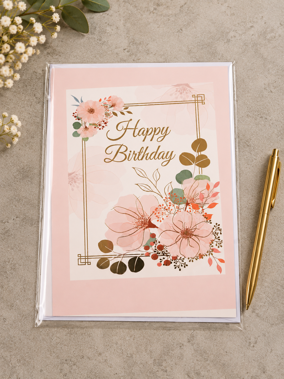 Pastel pink bordered birthday greeting card with gold fretwork frame and watercolor floral cluster