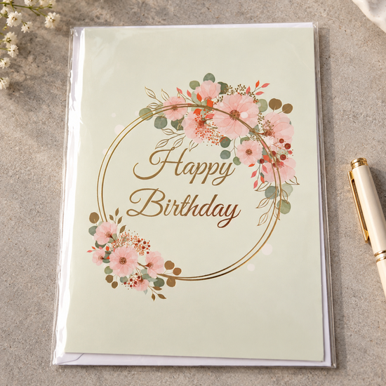 Mint green birthday greeting card with gold foil ring wreath and blush pink botanical flowers