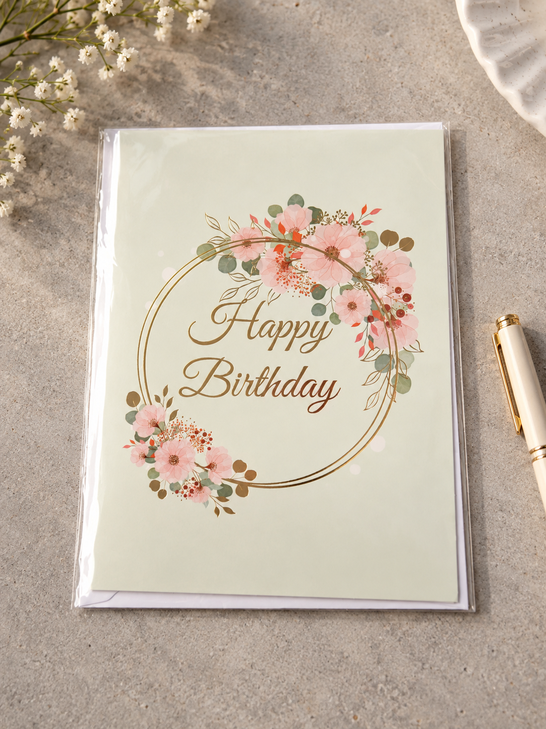 Mint green birthday greeting card with gold foil ring wreath and blush pink botanical flowers
