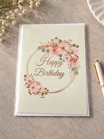 Mint green birthday greeting card with gold foil ring wreath and blush pink botanical flowers