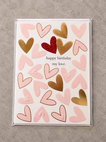 Blush pink and metallic gold foil hearts greeting card with red glitter heart reading happy birthday my love