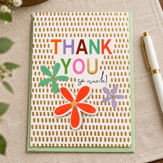 Red and Violet Floral Cutout Thank You So Much Greeting Card with Metallic Gold Accents and Pastel Green Envelope