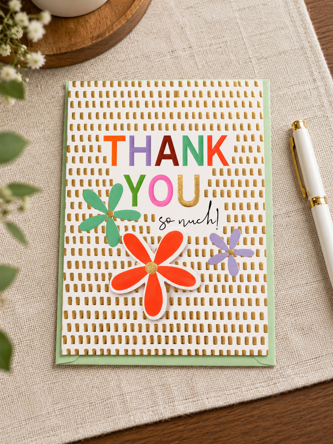 Red and Violet Floral Cutout Thank You So Much Greeting Card with Metallic Gold Accents and Pastel Green Envelope