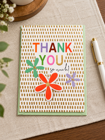 Red and Violet Floral Cutout Thank You So Much Greeting Card with Metallic Gold Accents and Pastel Green Envelope