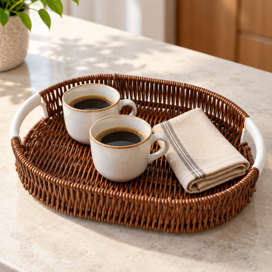 Medium Mocha Brown Woven Oval Serving Basket Tray with White Handles Holding Ceramic Coffee Cups and Napkin