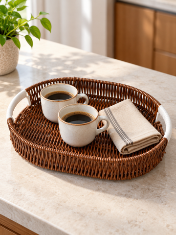Medium Mocha Brown Woven Oval Serving Basket Tray with White Handles Holding Ceramic Coffee Cups and Napkin