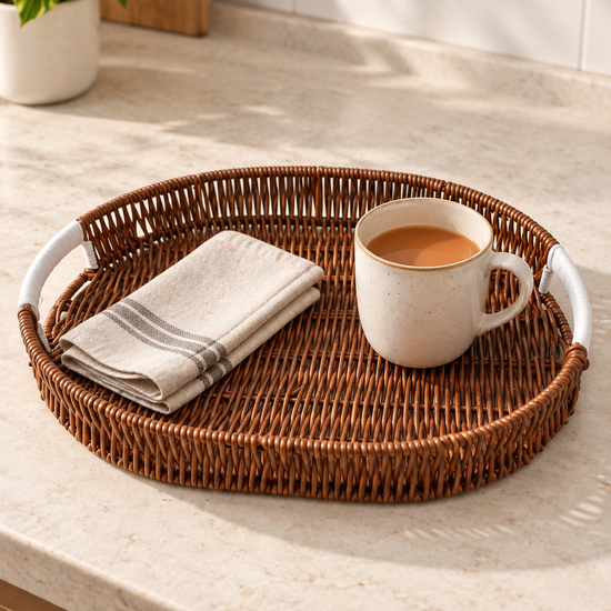 Large Mocha Brown Woven Oval Serving Tray with White Cord-Wrapped Handles Holding Milk Tea Mug and Cloth Napkin