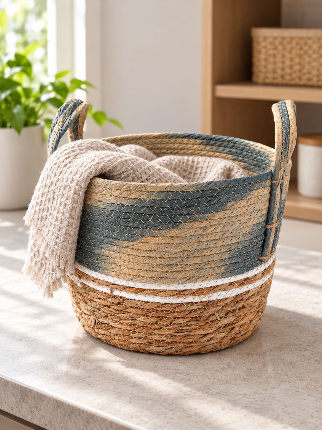 Small blue and beige two-tone handwoven seagrass storage basket with braided handles